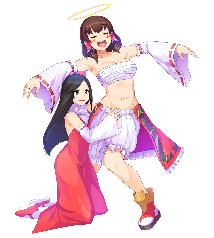 2girls, :d, bangs, bare_shoulders, belly, black_eyes, black_hair, bloomers