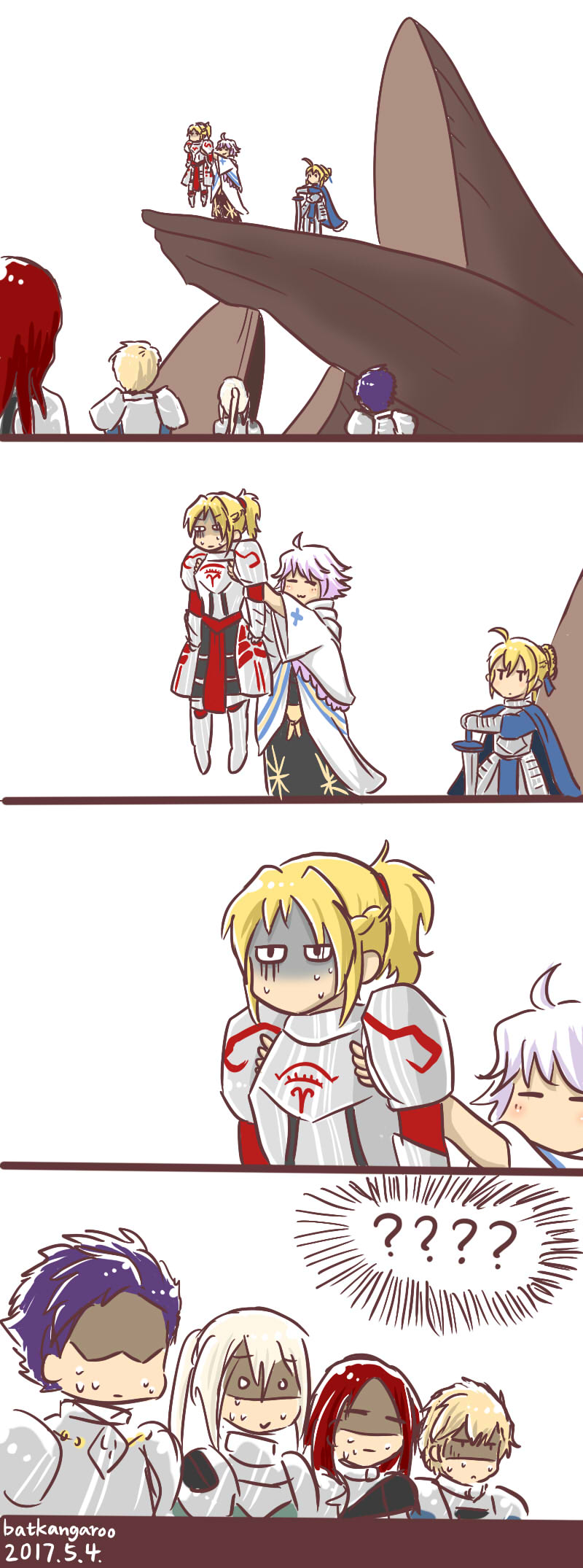 1girl, 2girls, 5boys, armor, batkangaroo, bedivere, bedivere_(fate/grand_order), blonde_hair, cape, disney, fate/extra, fate/grand_order, fate/stay_night, fate_(series), gawain_(fate/extra), highres, holding, lancelot_(fate/grand_order), merlin_(fate/stay_night), multiple_boys, multiple_girls, namesake, parody, ponytail, saber, saber_of_red, sweat, sword, the_lion_king, tristan_(fate/grand_order), weapon