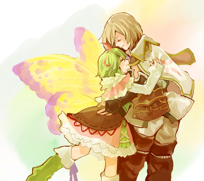1boy, 1girl, antennae, bangs, blonde_hair, butterfly_wings, closed_eyes, full_body, green_hair, hanakotoba12, hug, kohaku_(rune_factory), lest_(rune_factory), long_sleeves, rune_factory, rune_factory_4, short_hair, simple_background, skirt, smile, standing, wings