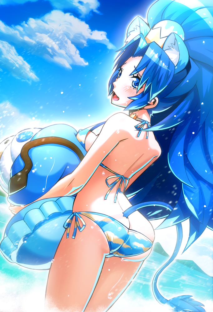 1girl, animal_ears, arched_back, ass, bikini, blue_bikini, blue_choker, blue_eyes
