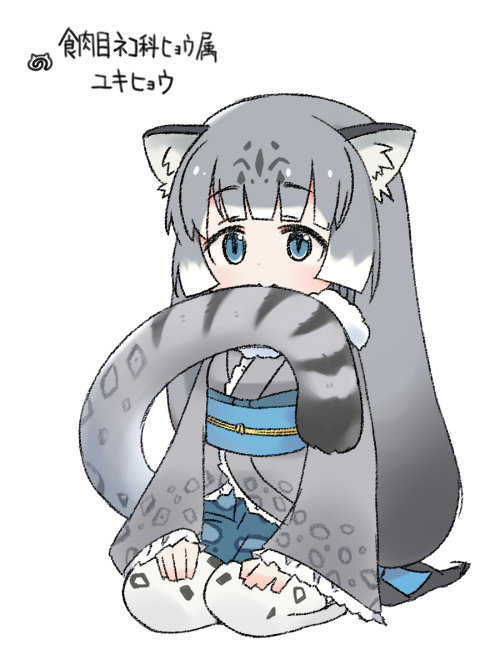 1girl, animal_print, bangs, biting, biting_tail, blue_eyes, blue_ribbon, blunt_bangs