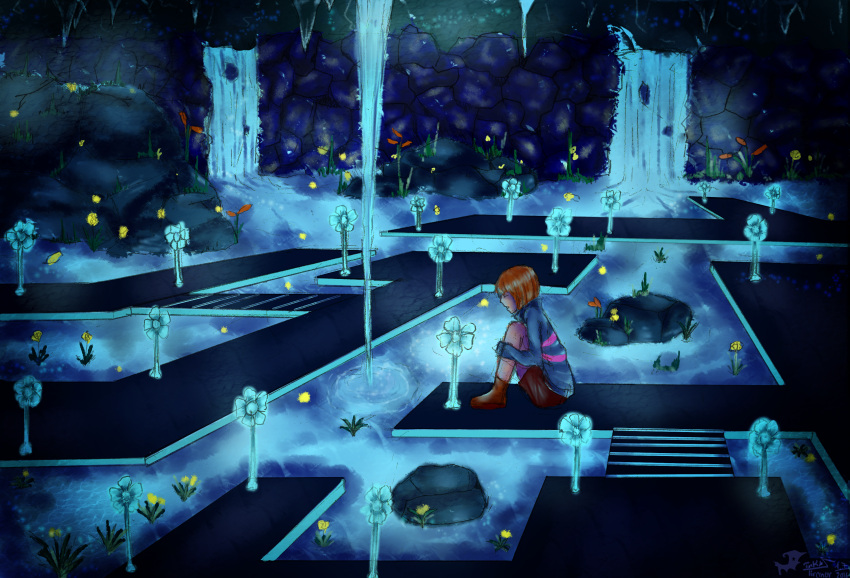 absurdres, blue_background, echo_flower, frisk_(undertale), highres, solo, tinka_tiranor, undertale, water, waterfall