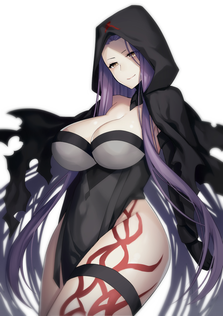 1girl, breasts, cleavage, fate/grand_order, fate_(series), highres, kanosigu, large_breasts, light_smile, long_hair, looking_at_viewer, medusa_(lancer)_(fate), medusa_(lancer_alter)_(fate), purple_hair, rider, solo, tattoo, thigh_strap, thighs, very_long_hair, yellow_eyes