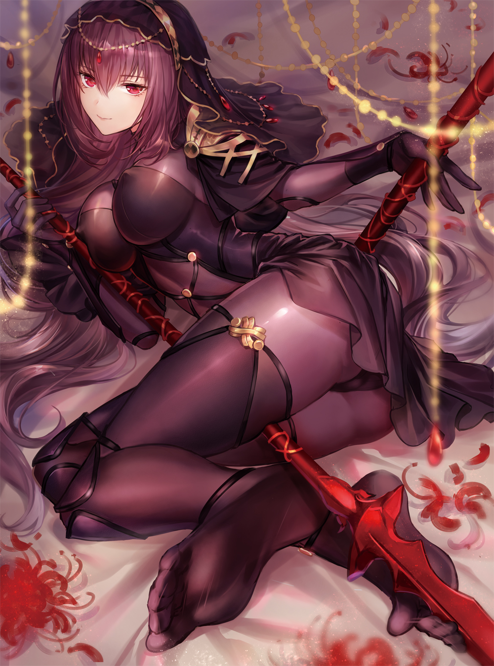 1girl, ass, bangs, between_legs, bodysuit, breasts, closed_mouth, erect_nipples, eyebrows_visible_through_hair, fate/grand_order, fate_(series), feet, gae_bolg, hair_between_eyes, highres, imi_fumei, large_breasts, legs, light_smile, long_hair, looking_at_viewer, lying, on_side, polearm, purple_bodysuit, purple_hair, red_eyes, scathach_(fate/grand_order), smile, soles, solo, spear, thighs, toes, veil, weapon