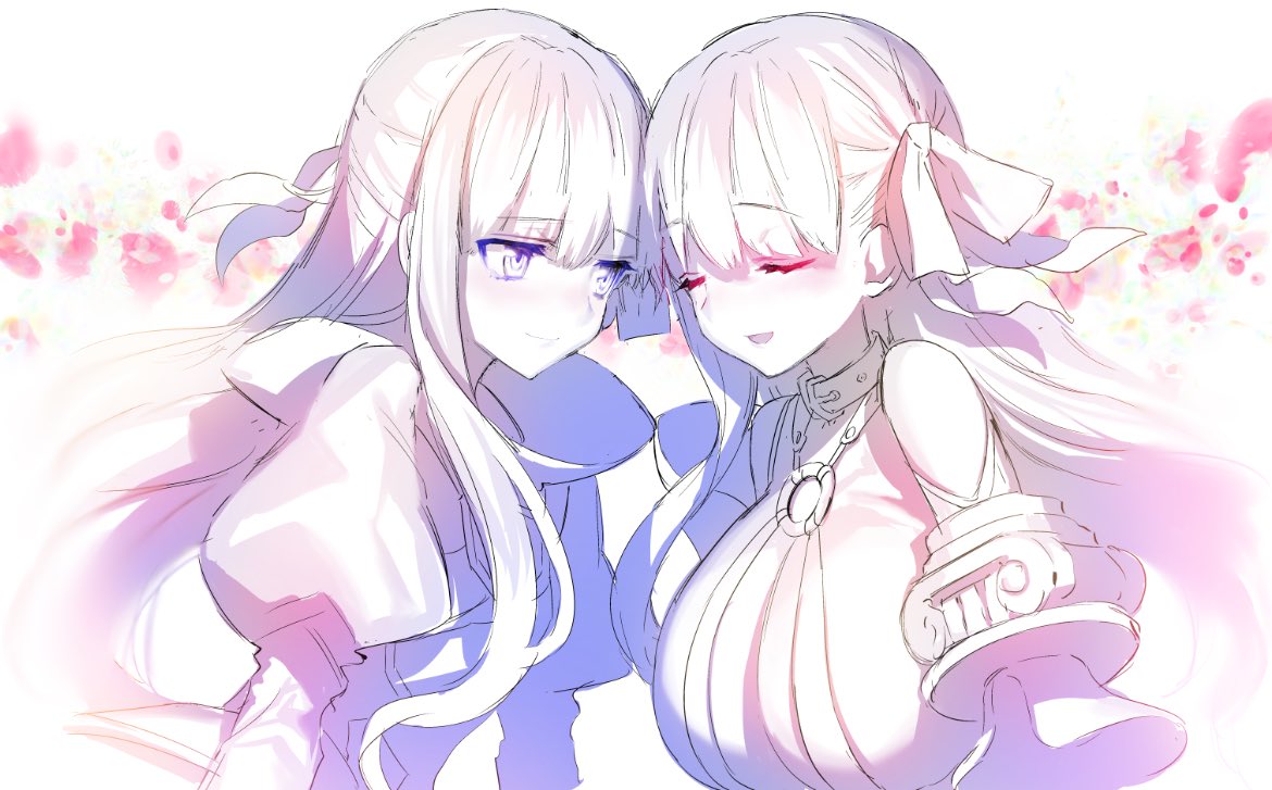 2girls, blurry, blush, breasts, choker, claws, cleavage, closed_eyes
