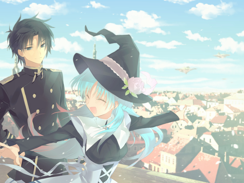 1boy, 1girl, black_eyes, black_hair, blue_hair, chtholly_nota_seniorious, closed_eyes, hat