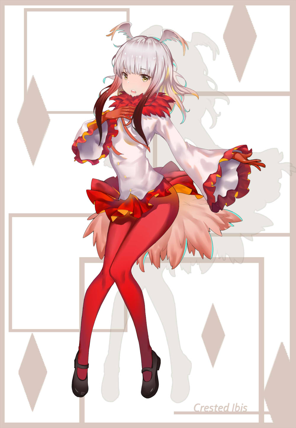 1girl, bangs, blunt_bangs, character_name, feathers, frilled_sleeves, frills, full_body, head_wings, highres, japanese_crested_ibis_(kemono_friends), jpeg_artifacts, kemono_friends, lenka1264504528, long_hair, long_sleeves, looking_at_viewer, miniskirt, multicolored_hair, open_mouth, pantyhose, pleated_skirt, red_legwear, redhead, shirt, skirt, solo, tail, two-tone_hair, white_hair, white_shirt, wide_sleeves, yellow_eyes