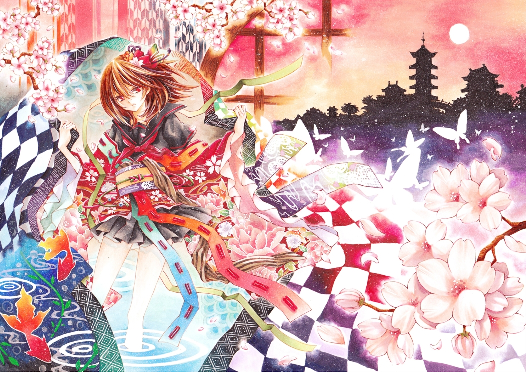 architecture, black_skirt, brown_hair, checkered, cherry_blossoms, dekitani, east_asian_architecture, floral_print