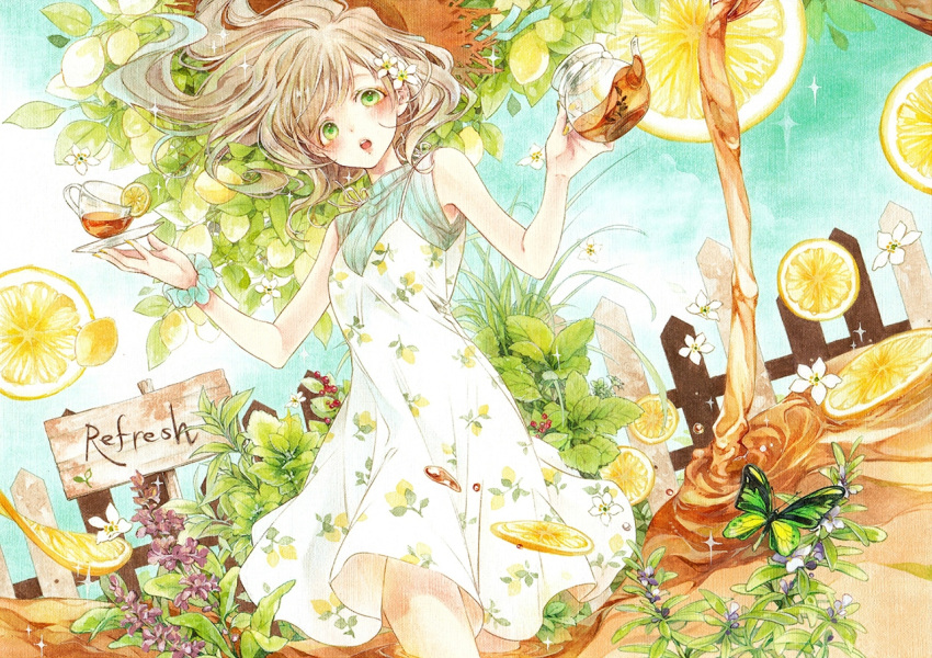 1girl, blue_sky, blush, brown_hair, butterfly, day, dekitani, dress