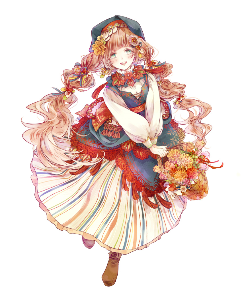 1girl, :d, basket, blue_eyes, blush, brown_hair, brown_shoes, dekitani