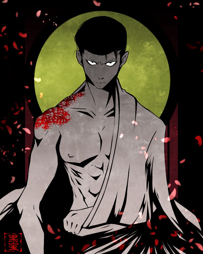 1boy, abs, alternate_costume, arm_at_side, bare_chest, cherry_blossoms, chest, collarbone