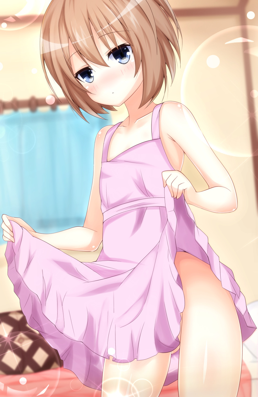 1girl, absurdres, apron, apron_lift, bare_shoulders, blanc, blue_eyes, blush, brown_hair, haru_blanc0316, highres, looking_at_viewer, naked_apron, neptune_(series), short_hair, solo