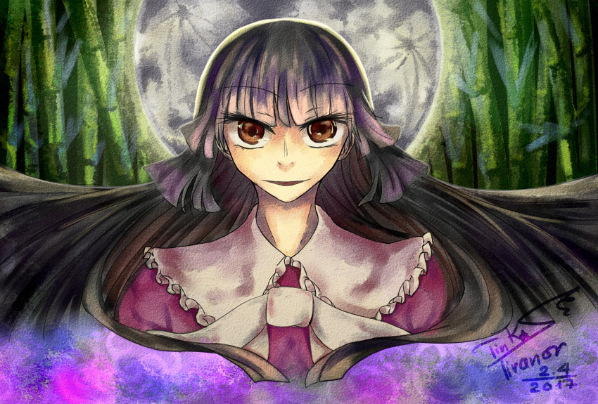 1girl, artist_name, bamboo, bamboo_forest, black_hair, forest, highres, hime_cut, houraisan_kaguya, japanese_clothes, long_hair, moon, nature, obi, sash, smile, solo, tankihou, tinka_tiranor, touhou, very_long_hair, yellow_eyes