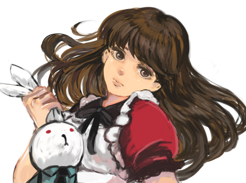 1girl, alice_(wonderland), alice_in_wonderland, alternate_color, black_ribbon, brown_eyes, brown_hair, dress