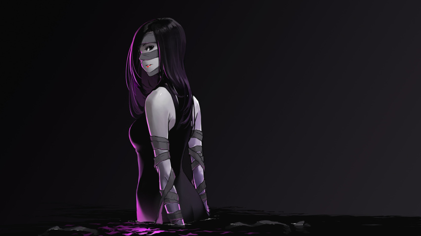 1girl, absurdres, bandage, bandaged_arms, bandages_on_face, black, black_background, black_eyes