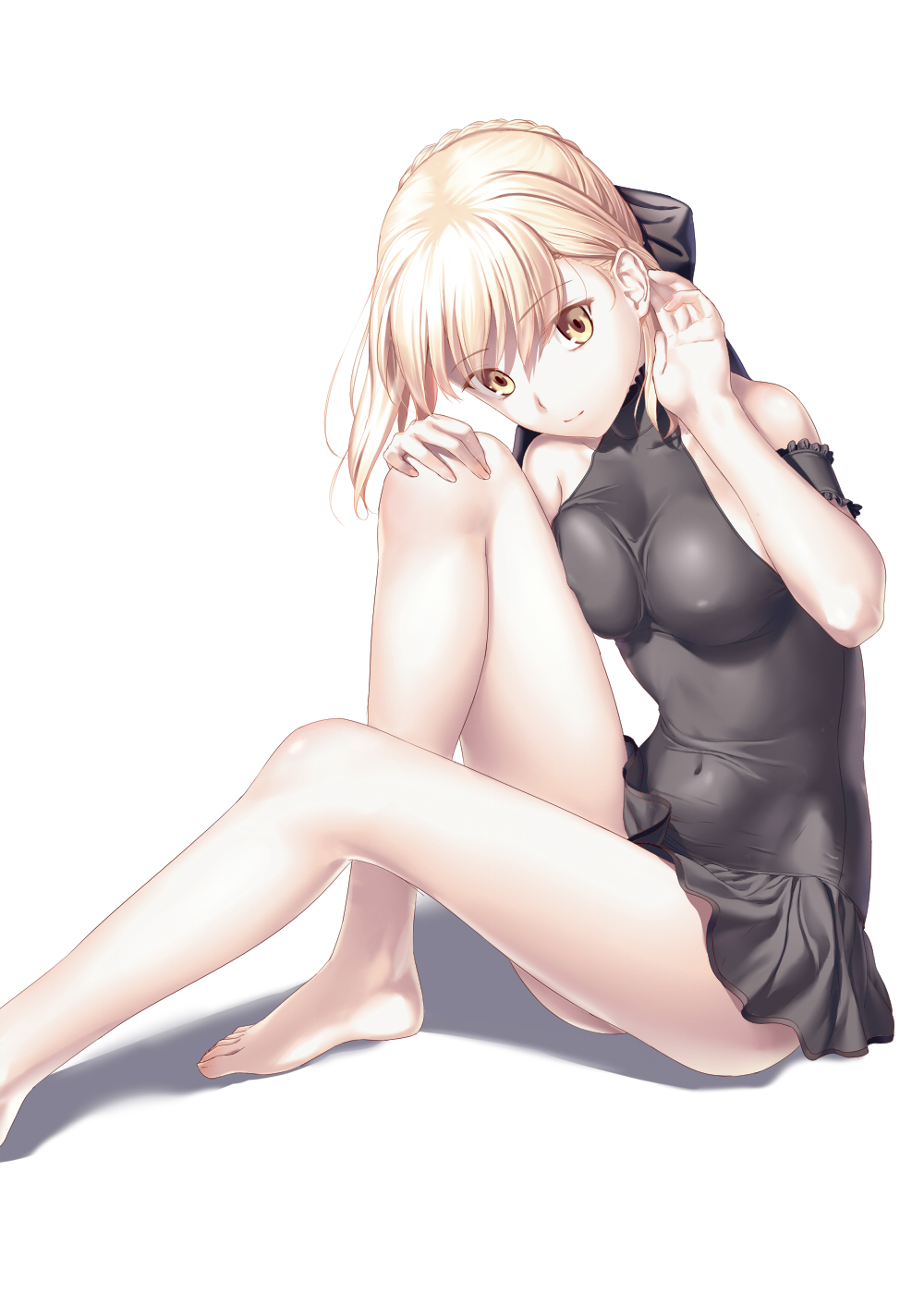 1girl, adjusting_hair, alternate_costume, arm_garter, bangs, bare_legs, bare_shoulders, barefoot