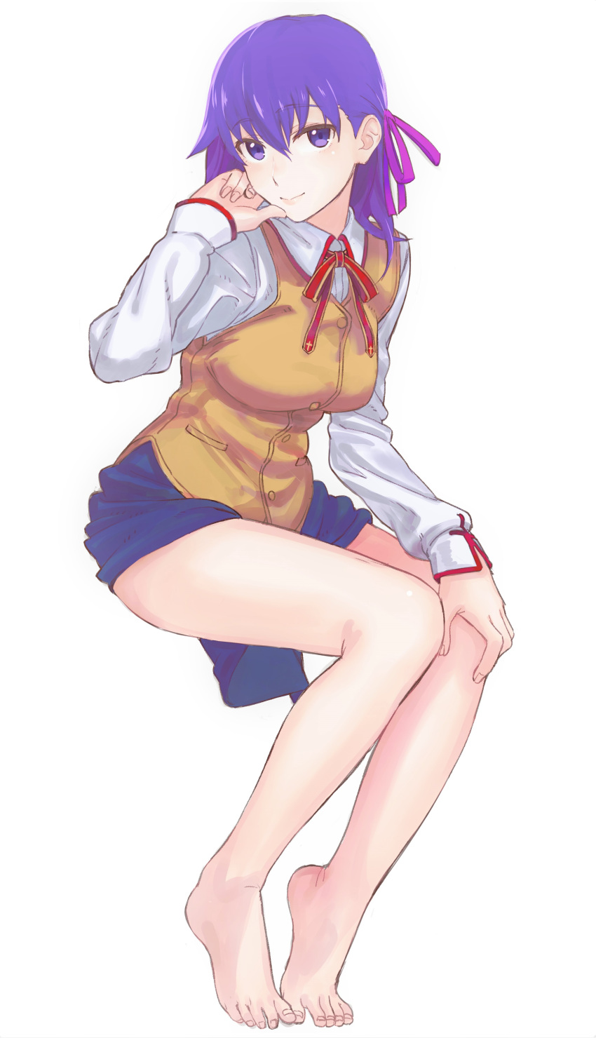 1girl, absurdres, bangs, bare_legs, barefoot, blue_eyes, blue_hair, blue_skirt, blush, breasts, fate/stay_night, fate_(series), feet, from_side, full_body, hair_ribbon, highres, large_breasts, legs, long_legs, long_sleeves, looking_at_viewer, looking_to_the_side, matou_sakura, neck_ribbon, purple_ribbon, red_ribbon, ribbon, school_uniform, shikuro_(masax1107), sitting, skirt, skirt_lift, smile, solo, sweater_vest, thighs, toes