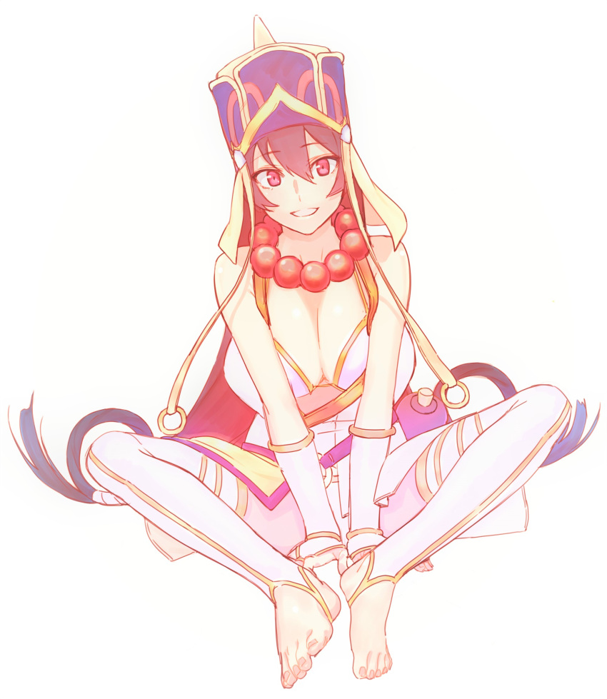 1girl, bare_shoulders, barefoot, bead_necklace, beads, black_hair, bracer, breasts