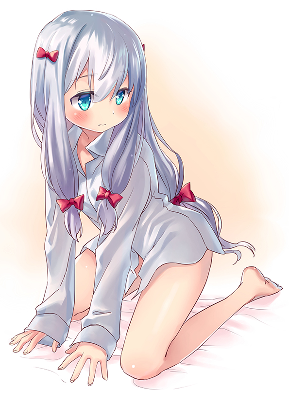 1girl, aqua_eyes, barefoot, blush, bow, closed_mouth, eromanga_sensei, hair_bow