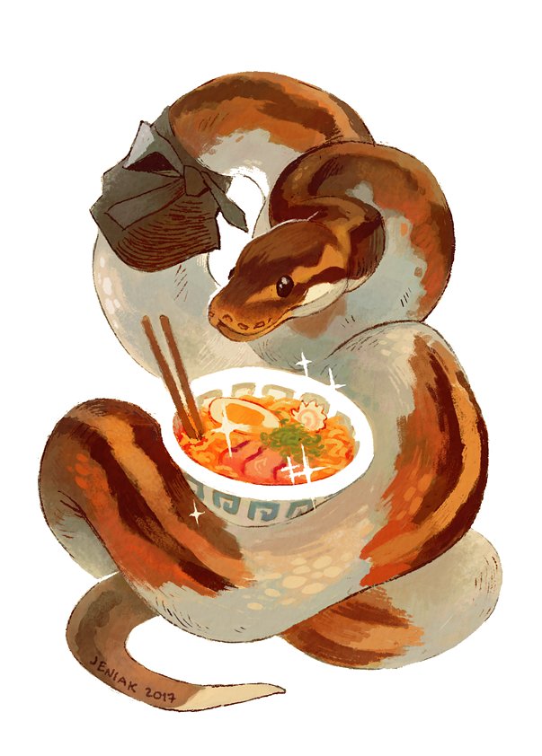 2017, artist_name, boa_constrictor, food, hardboiled_egg, jeniak, no_humans, noodles, original, ramen, scales, simple_background, snake, sparkle, white_background