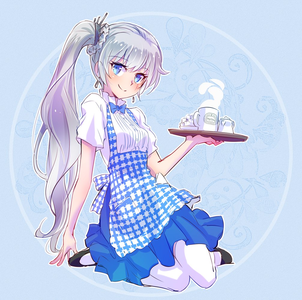 1girl, apron, blouse, blue_apron, blue_eyes, blue_skirt, bow, bowtie