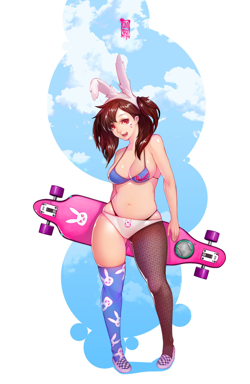 1girl, :d, alternate_costume, alternate_hairstyle, animal_ears, animal_print, artist_name, asymmetrical_legwear, bare_shoulders, black_panties, blue_bikini_top, blue_legwear, blue_sky, breasts, brown_hair, brown_legwear, bunny_print, character_name, checkered, checkered_shoes, cleavage, clothes_writing, clouds, cloudy_sky, collarbone, d.va_(overwatch), day, dspell, facepaint, facial_mark, fake_animal_ears, full_body, gluteal_fold, highres, legs_apart, long_hair, looking_at_viewer, medium_breasts, midriff, navel, open_mouth, overwatch, panties, print_legwear, rabbit_ears, red_eyes, shoes, skateboard, skindentation, sky, smile, solo, standing, string_panties, teeth, thigh-highs, underwear, whisker_markings, white_bikini_bottom