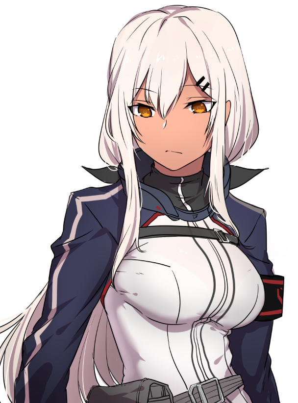 1girl, armband, bra, breasts, dark_skin, expressionless, girls_frontline, hair_between_eyes