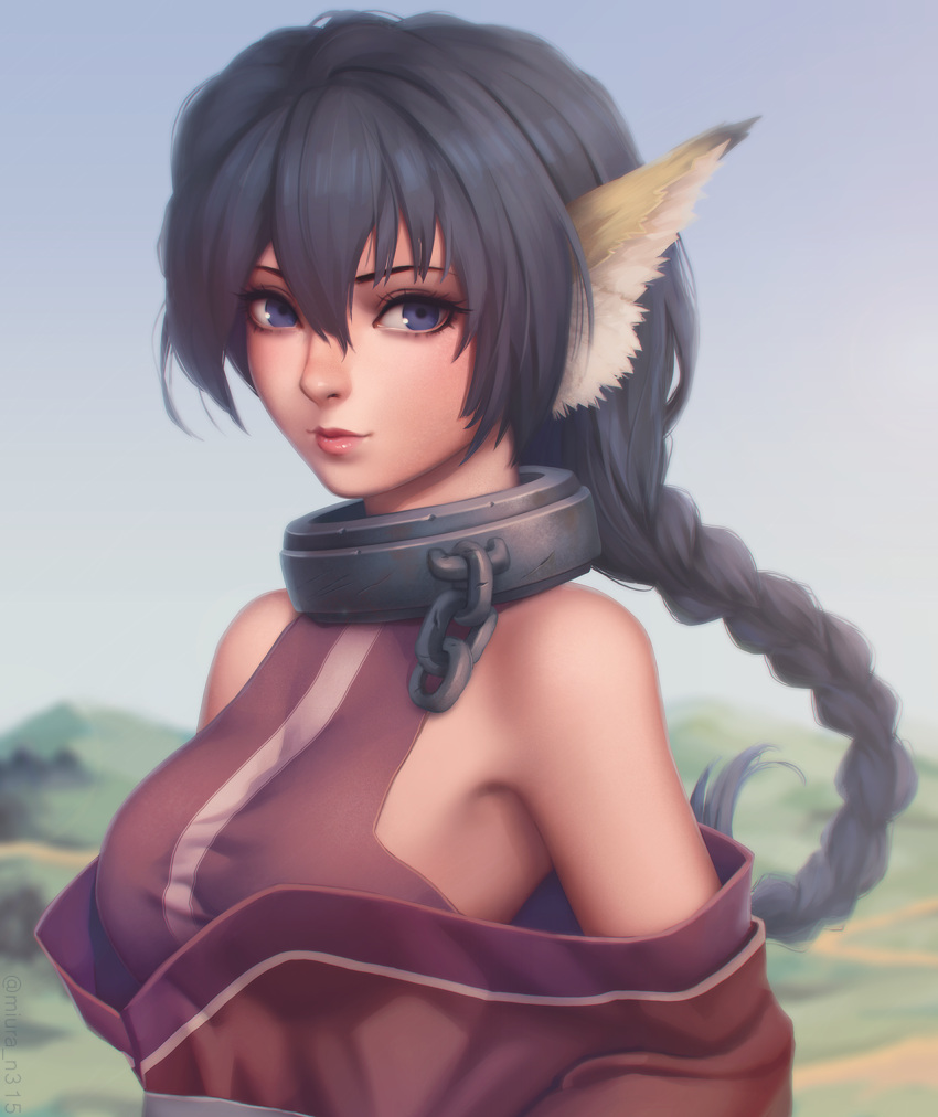 1girl, animal_ears, armpit_peek, artist_name, bangs, bare_shoulders, black_hair, blue_eyes, blue_sky, blurry, blurry_background, braid, breasts, chains, collar, commentary_request, day, dog_ears, hair_between_eyes, highres, hill, japanese_clothes, karura_(utawareru_mono), kimono, lips, long_hair, looking_at_viewer, medium_breasts, miura-n315, off_shoulder, open_clothes, open_kimono, outdoors, path, red_kimono, red_lips, road, single_braid, sky, solo, tsurime, twitter_username, upper_body, utawareru_mono, utawareru_mono:_itsuwari_no_kamen