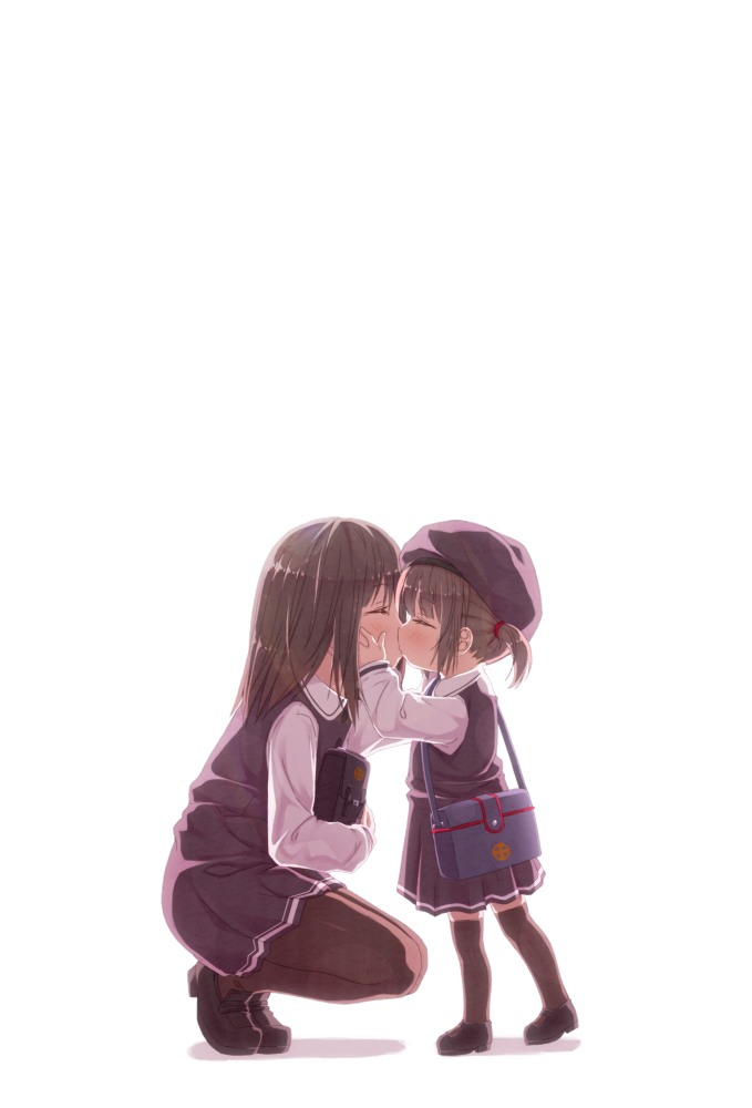 2girls, age_difference, age_progression, bag, brown_hair, child, closed_eyes, hands_on_another's_cheeks