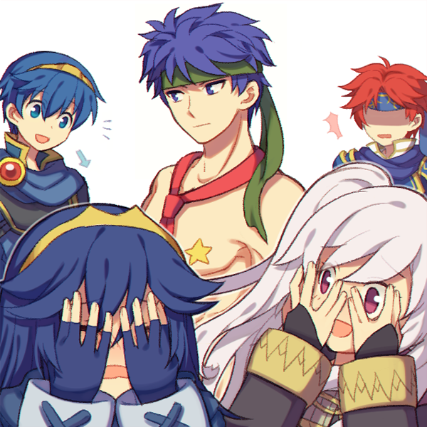 2girls, 3boys, armor, blue_eyes, blue_hair, blush, cape, cosplay