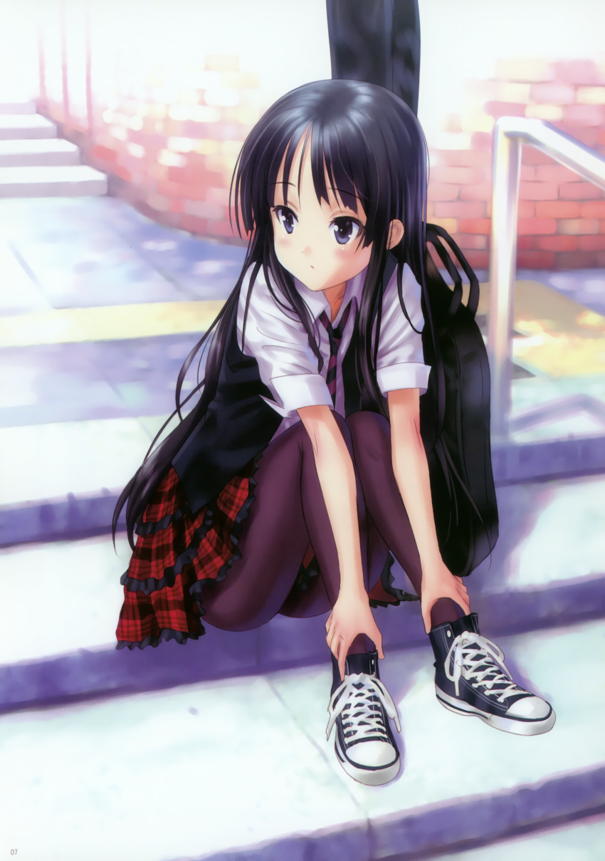 1girl, absurdres, akiyama_mio, black_eyes, black_hair, black_legwear, blush, converse