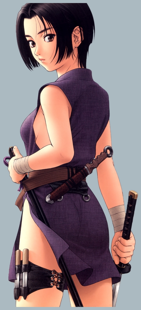 black_hair, breasts, brown_eyes, dagger, katana, knife, looking_back, ninja