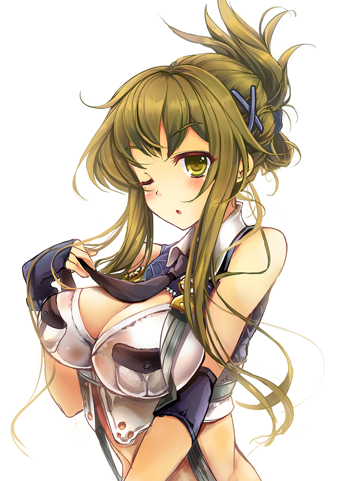 1girl, ;o, bangs, bare_shoulders, black_gloves, black_necktie, black_ribbon, breasts