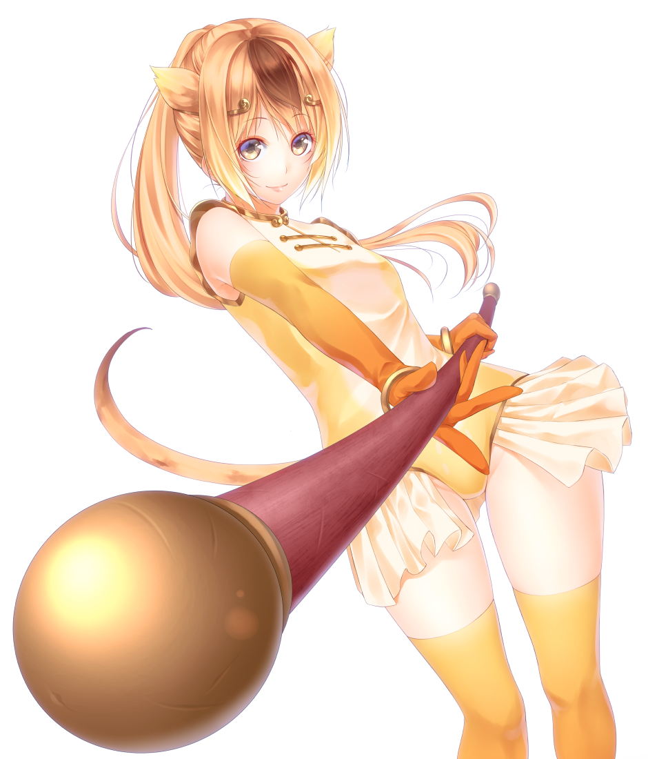 1girl, blonde_hair, circlet, elbow_gloves, gloves, golden_snub-nosed_monkey_(kemono_friends), high_ponytail, holding