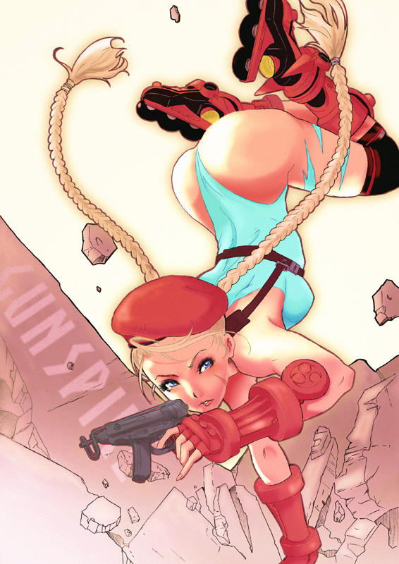 beret, blonde_hair, blue_eyes, braid, cammy_white, cannon_spike, capcom, fingerless_gloves, gloves, gun, hat, inline_skates, inugami_mokekiyo, leotard, long_hair, roller_blades, roller_skates, skates, street_fighter, twin_braids, weapon