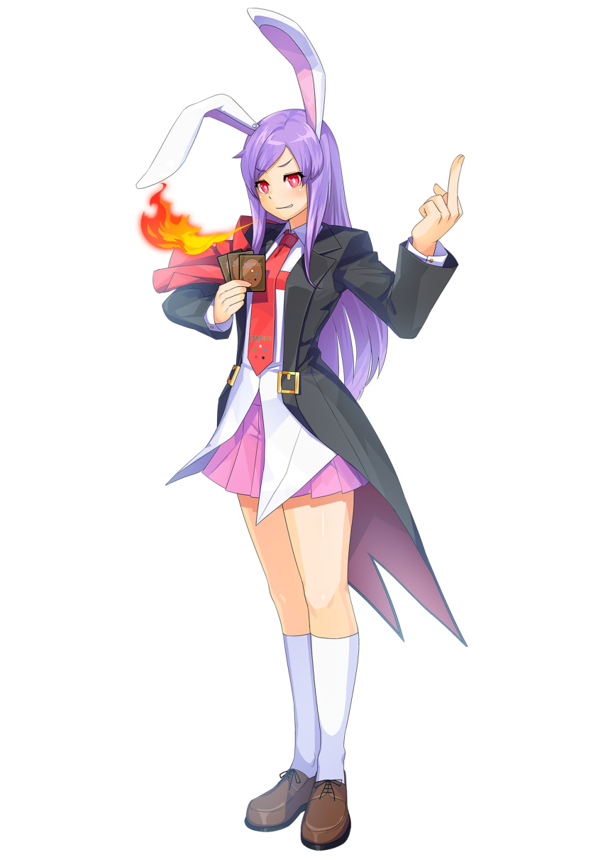 1girl, animal_ears, bangs, black_coat, blush, breathing_fire, brown_shoes, coat