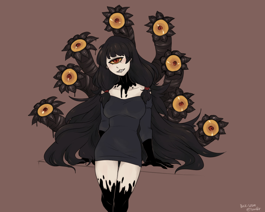 1girl, black_dress, black_hair, blush, buck-satan, cyclops, dress, extra_eyes, gazer_(monster_girl_encyclopedia), gloves, long_hair, looking_at_viewer, monster_girl, monster_girl_encyclopedia, one-eyed, red_eyes, smile, solo, tentacle, yellow_sclera