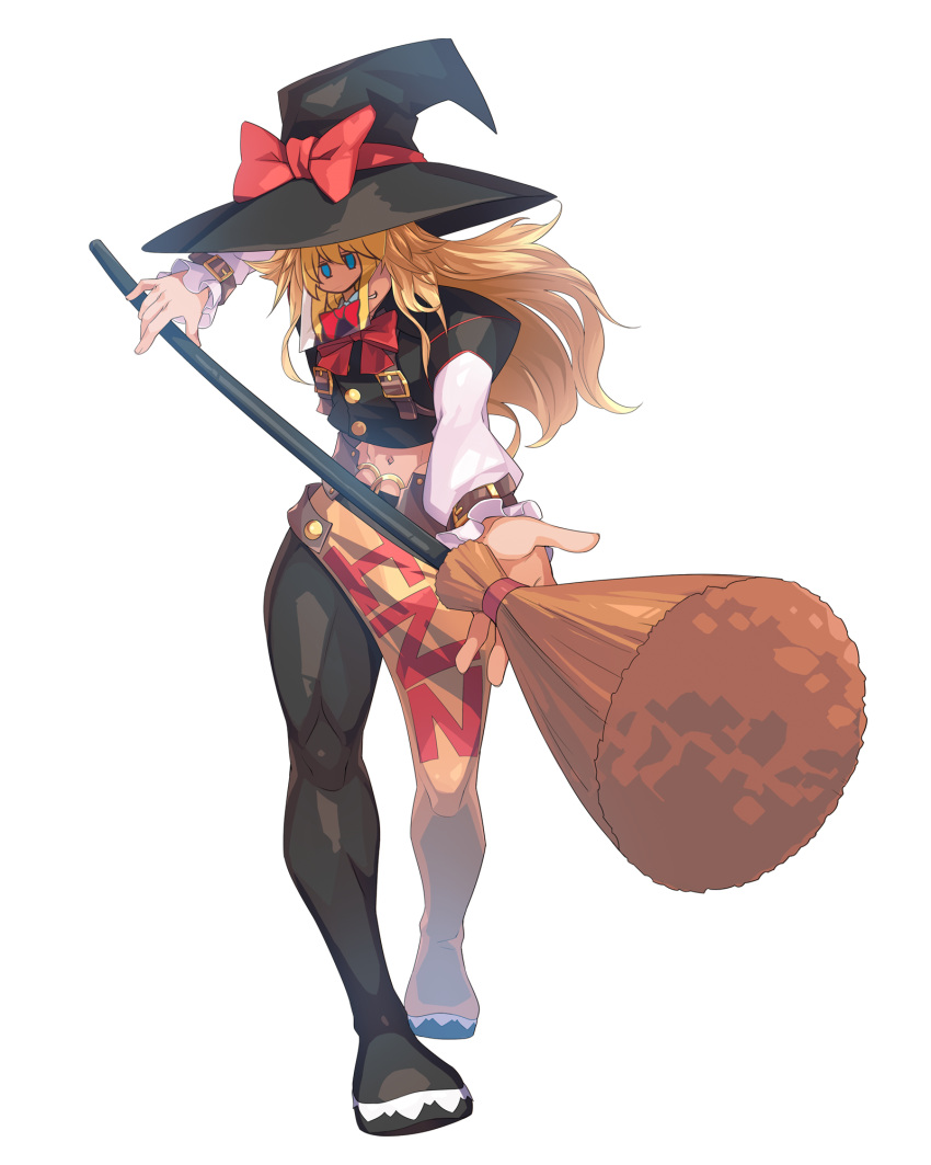 1boy, belt, black_hat, blonde_hair, bow, bowtie, broom, cookie_(touhou), cosplay, full_body, guilty_gear, guilty_gear_xrd, hat, hat_bow, highres, holding, holding_broom, kirisame_marisa, long_hair, long_sleeves, midriff, navel, red_bow, red_bowtie, sidelocks, solo, standing, stomach, tarmo, touhou, transparent_background, venom_(guilty_gear), venom_(guilty_gear)_(cosplay), witch_hat