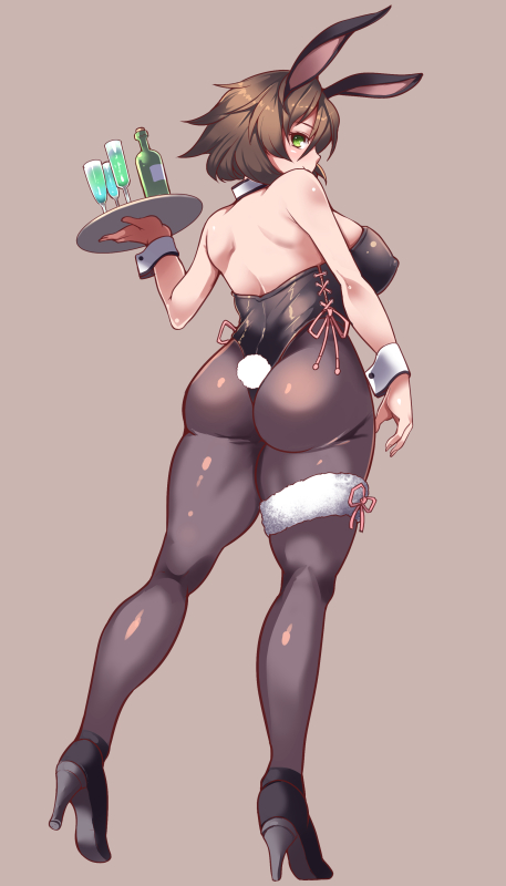 1girl, alternate_costume, animal_ears, ass, bottle, breasts, brown_hair, bunny_tail