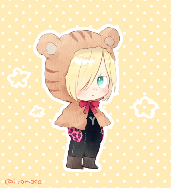 1boy, :<, animal_hood, animal_print, blonde_hair, capelet, chibi, green_eyes