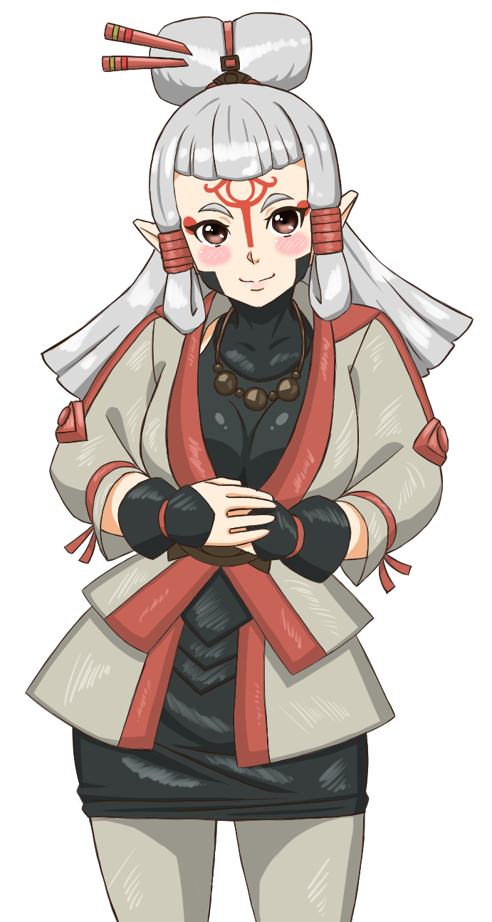 blush, blush_stickers, breasts, brown_eyes, coat, dress, facial_mark, fingerless_gloves