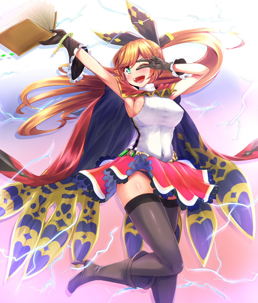 1girl, aqua_eyes, armpits, black_gloves, black_legwear, blush, book, boots