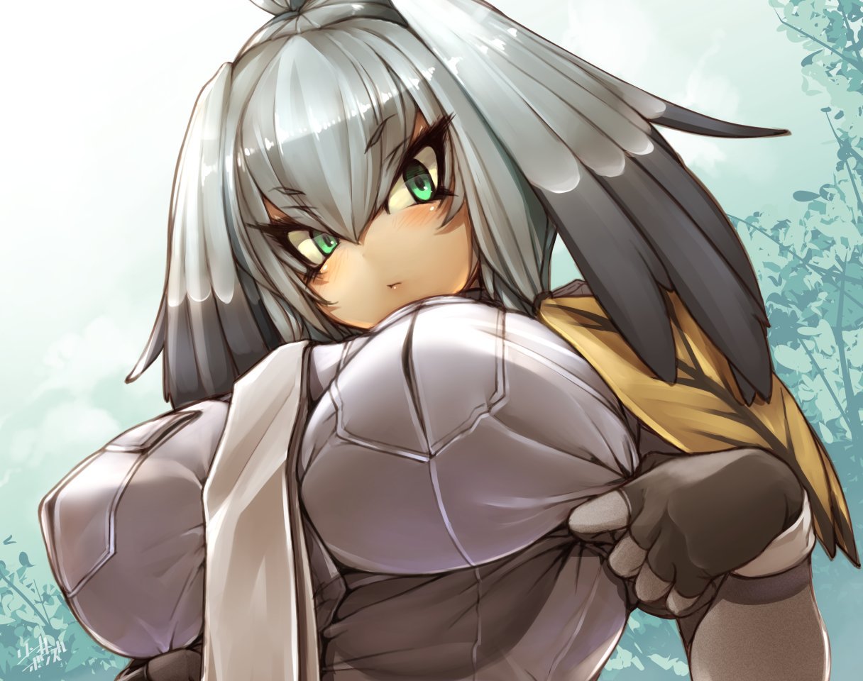 1girl, black_gloves, black_hair, breasts, day, eyebrows_visible_through_hair, fingerless_gloves, gloves