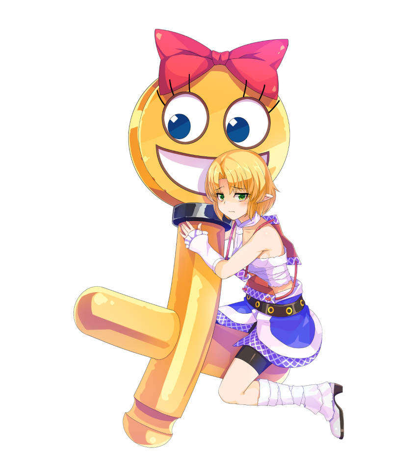 1girl, a.b.a, a.b.a_(cosplay), bandage, bangs, bare_shoulders, bike_shorts, blonde_hair, blush, bow, breasts, closed_mouth, cookie_(touhou), cosplay, eyebrows_visible_through_hair, full_body, green_eyes, guilty_gear, guilty_gear_x, highres, joker_(cookie), looking_at_viewer, medium_breasts, mizuhashi_parsee, pointy_ears, red_bow, shoes, short_hair, solo, tarmo, touhou, transparent_background