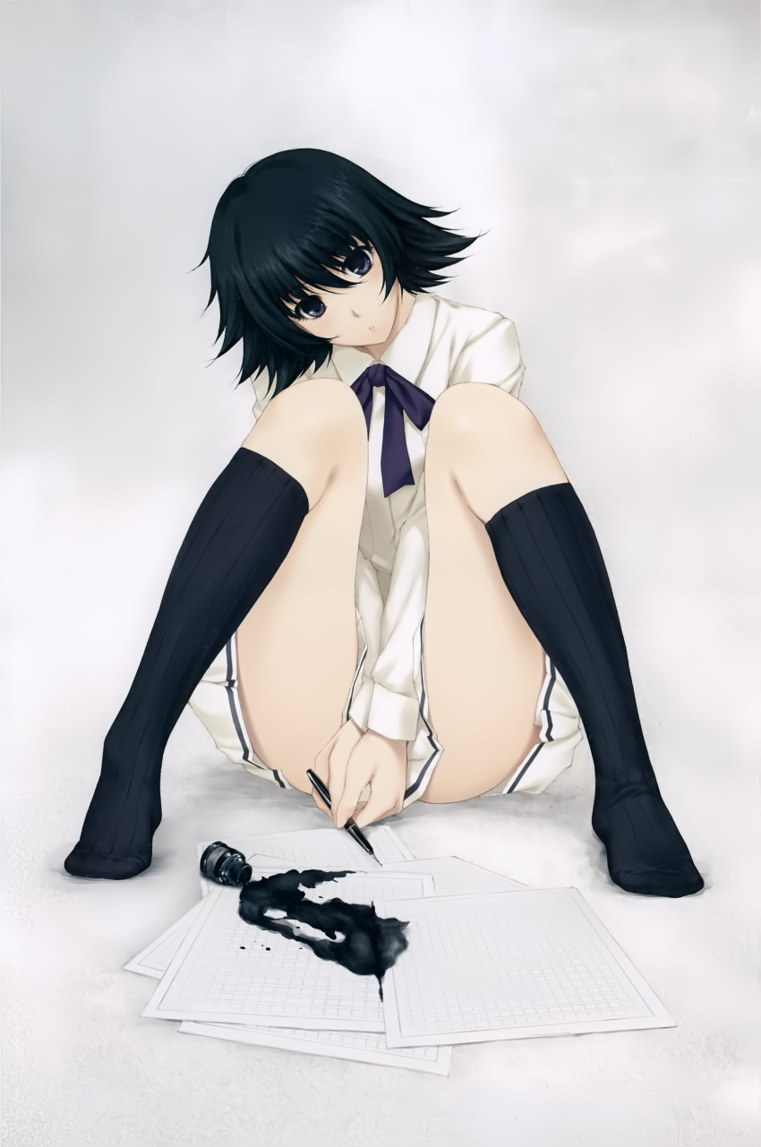 1girl, :o, absurdres, bangs, between_legs, black_hair, black_legwear, blue_eyes