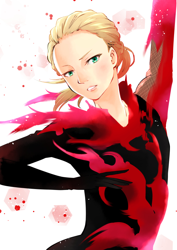 1boy, arm_up, blonde_hair, bodysuit, braid, green_eyes, hotbuggy, male_focus, parted_lips, ponytail, yuri!!!_on_ice, yuri_plisetsky