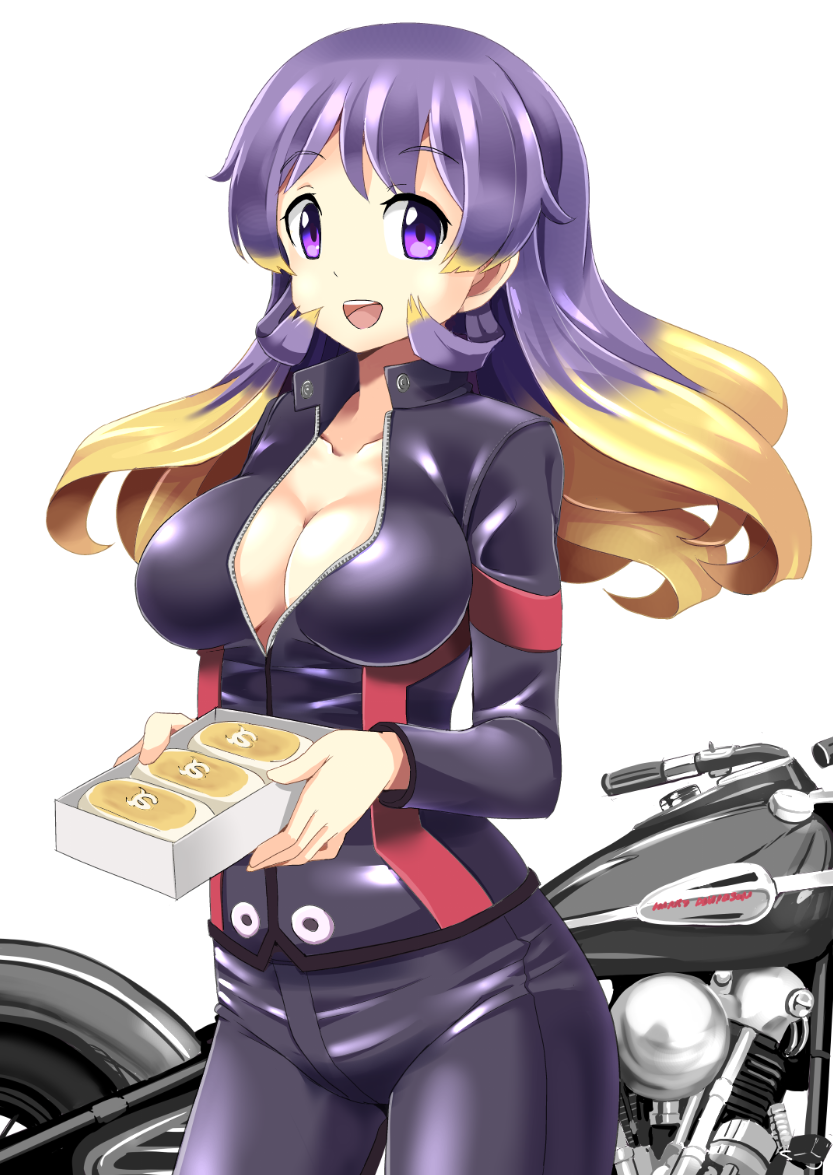 1girl, alternate_costume, alternate_hairstyle, blonde_hair, blue_eyes, box, breasts, catsuit
