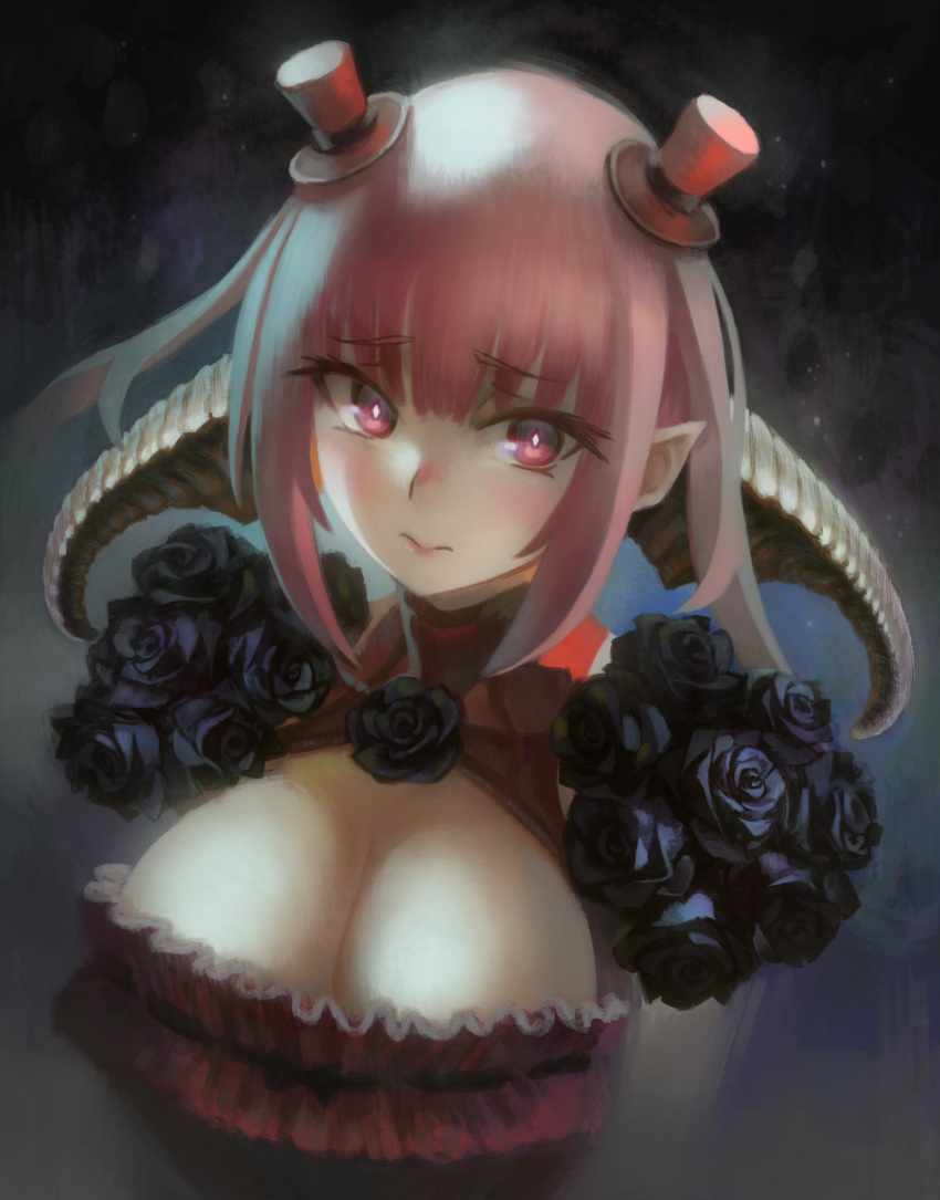 1girl, astaroth_(the_seven_deadly_sins), black_rose, blush, breasts, cleavage, cleavage_cutout, closed_mouth