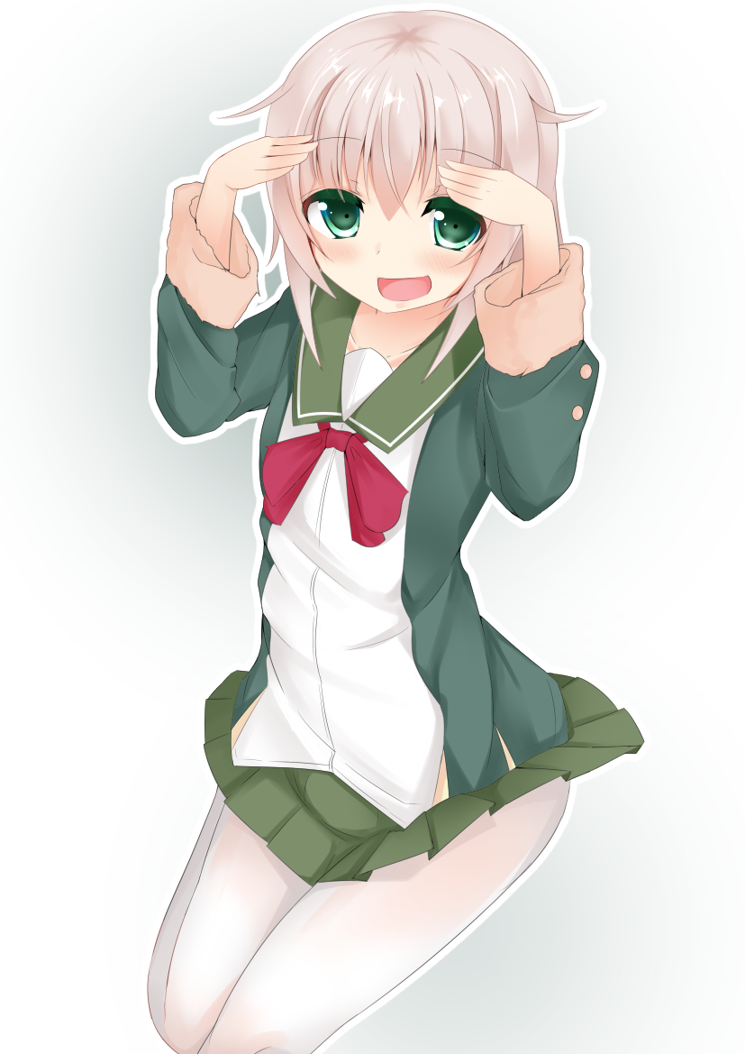 1girl, blonde_hair, bow, cowboy_shot, fur_trim, green_eyes, green_jacket, green_skirt