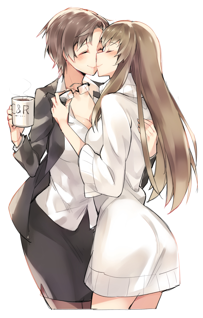 2girls, blazer, blush, breasts, brown_hair, cleavage, closed_eyes, coffee, cup, dress, formal, gebyy-terar, glasses, jacket, kang_jaehee, kiss, large_breasts, long_hair, mug, multiple_girls, open_blazer, open_clothes, open_jacket, pantyhose, pencil_skirt, protagonist_(susanghan_messenger), short_hair, skirt, skirt_suit, smile, suit, susanghan_messenger, sweater, sweater_dress, white_sweater, yuri